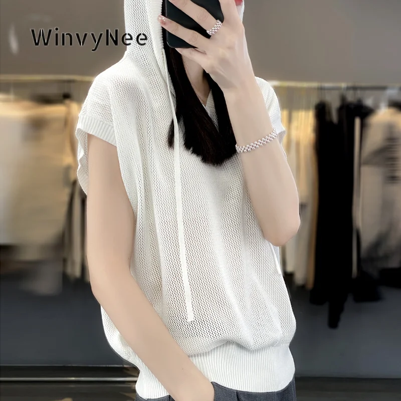 Фото Женский вязаный пуловер WinvyNee из тонкой шерсти с коротким рукавом и капюшоном, молодежный стиль, мягкий модный трикотаж, весна-осень ZA1737024 №1