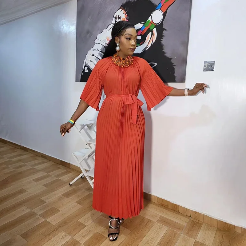 

Vintage Pleated Chiffon Long Dress Women Casual Solid Pink/Green/Red O-Neck Draped Slim Vacation Vestidos Spring Robe 2020 New