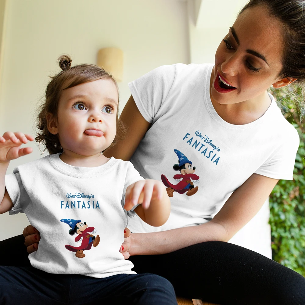 

Mother Kids Family Look Clothes Mickey Mouse Disney Fantasia T-shirt Women Fashion Summer Boy Girl T Shirt Children Outfits