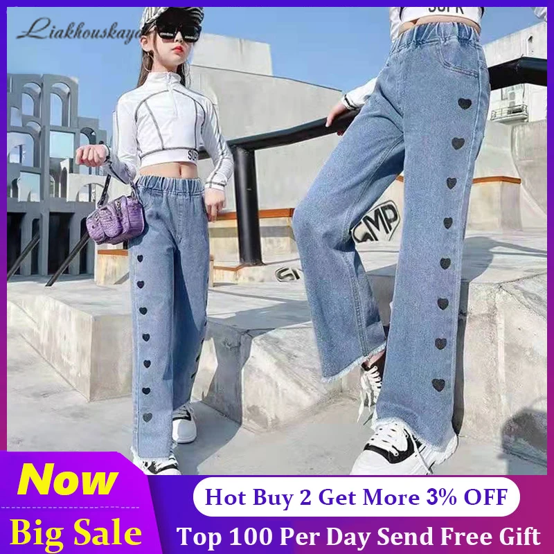 

New Baby Girl Wide Leg Jeans Design Love Kids Girls Denim Pants Children Outwear Long Trousers Girl Clothing Fall Spring Autumn