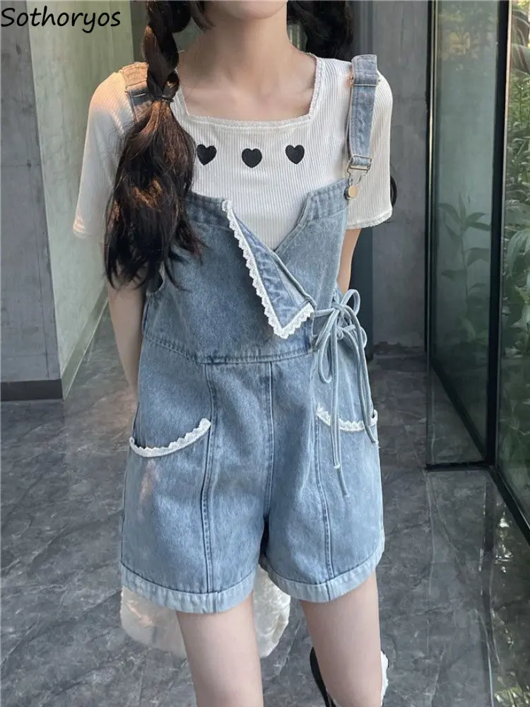 

Wide Leg Rompers Women Summer New Lace Design Denim Simple Sweet Schoolgirls Fashion High Waist Korean Style Leisure All-match