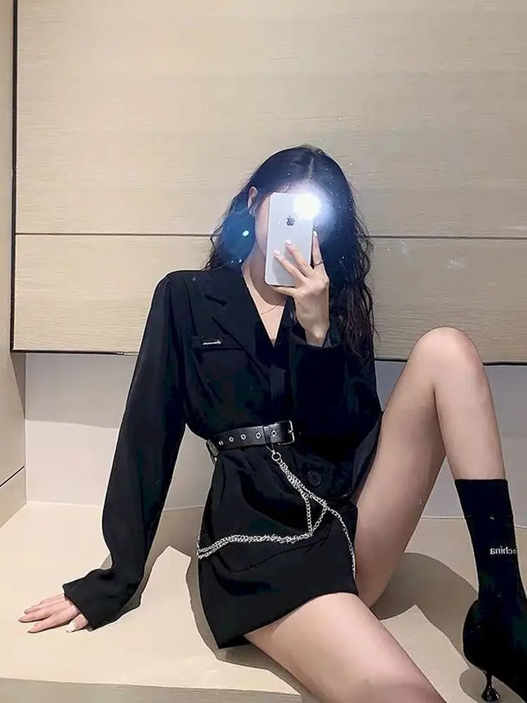 

2022 Office Lady Notched Blazers Long Sleeve Women Autumn Harajuku Oversize Coat Black Medium-long Jacket with Belt Women Jacket