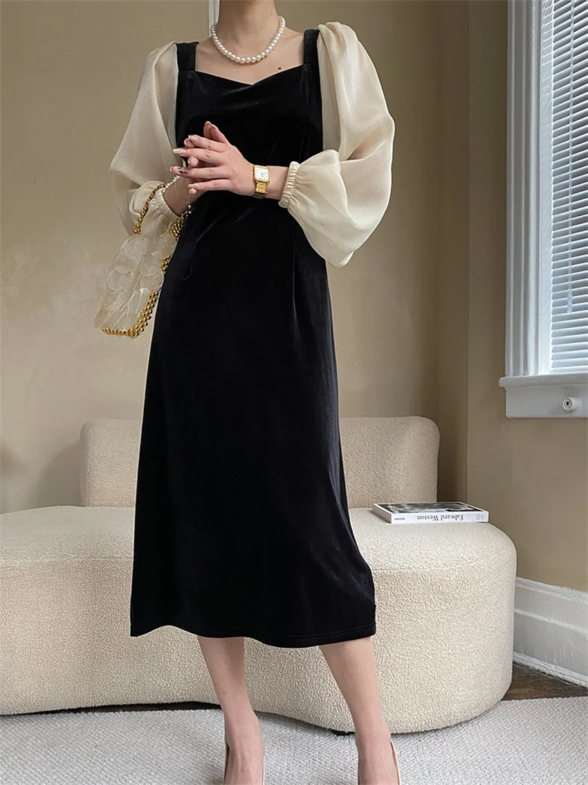 

HziriP Velvet Women Maxi Dress OL Spring 2023 Office Lady Elegant New Square Collar Chic All Match Vintage Gentle Vestidos