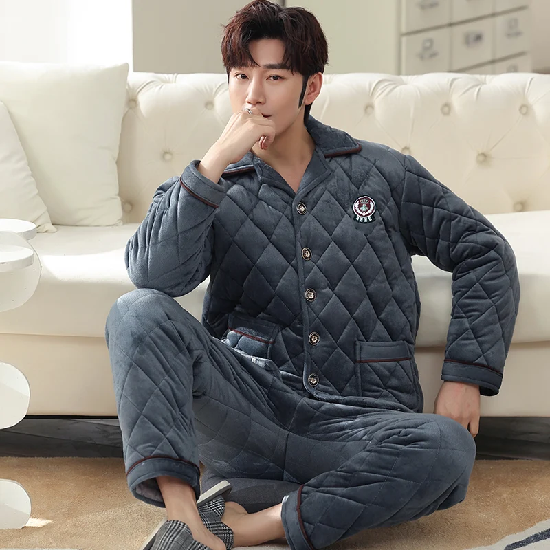 Winter Thick Warm Three Layer Cotton Men Sleepwear Suit Long Sleeve Turn-down Collar Loose Male Pajamas