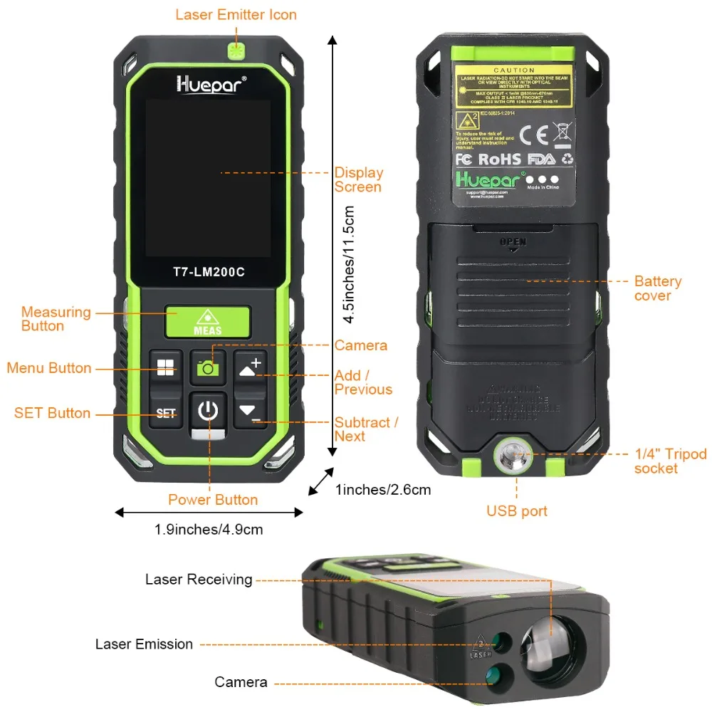 

Huepar Laser Distance Meter with Camera 2X/4X Zoom 656Ft High Accuracy Rechargeable Laser Measure M/In/Ft with 17 Modes- LM200C