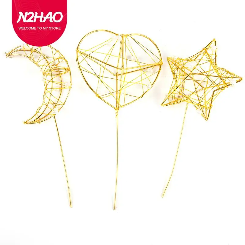 

1pc Sweet Metal 3D Hollow Out Pearl Heart Cake Toppers Star Moon Baking Cupcake Toppers Stick Cake Decorating Supplies