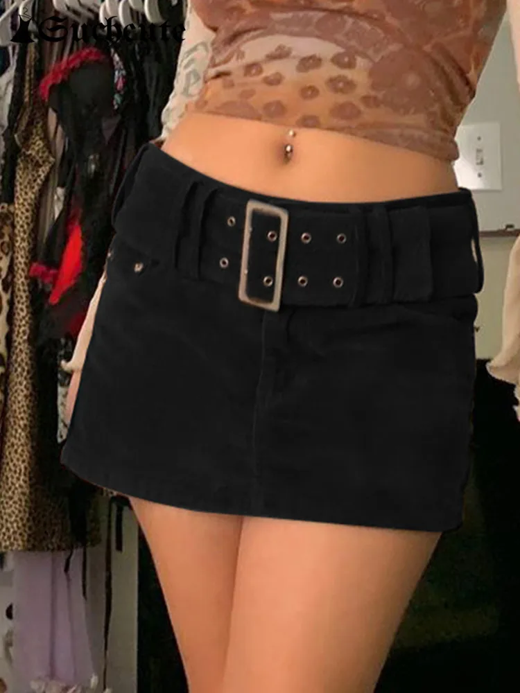 

SUCHCUTE Vintage Corduroy Women's Mini Skirt With Sashes 2022 Streetwear E Girl Party 90s Outfits Y2K Low Waist Alt Short Skirts