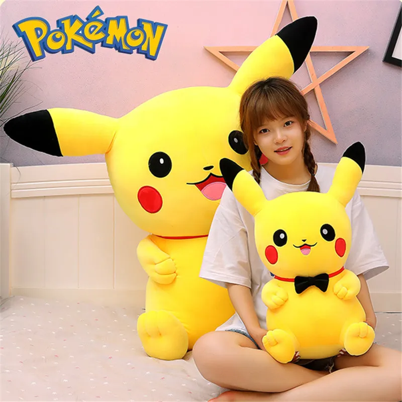 

2022 New Pokemon Creative Bow Tie Pikachu Plush Toys Big Size Holding Cute Girls Stuffed Doll Sleeping Pillow Gift for Children