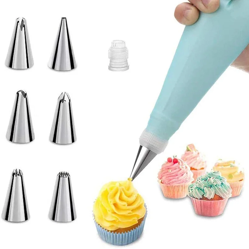 

8Pcs Silicone Reusable Pastry Bag Tips Kitchen Cake Icing Piping Cream DIY Cake Decorating Tools + 6 Stainless Steel Nozzle Set