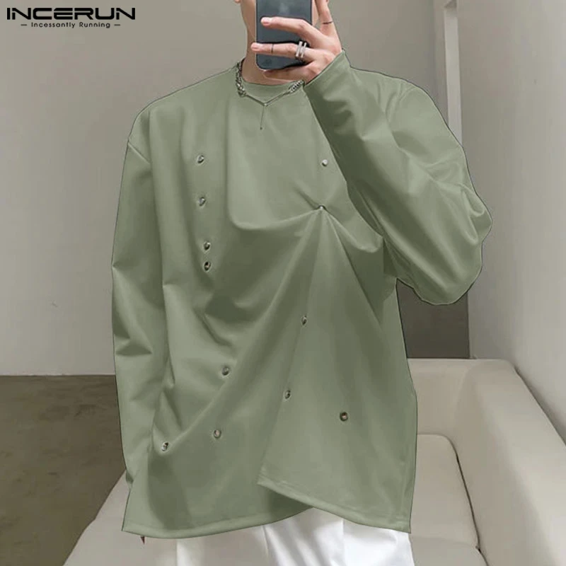 INCERUN мужские топы с круглым вырезом и длинным рукавом однотонные повседневные