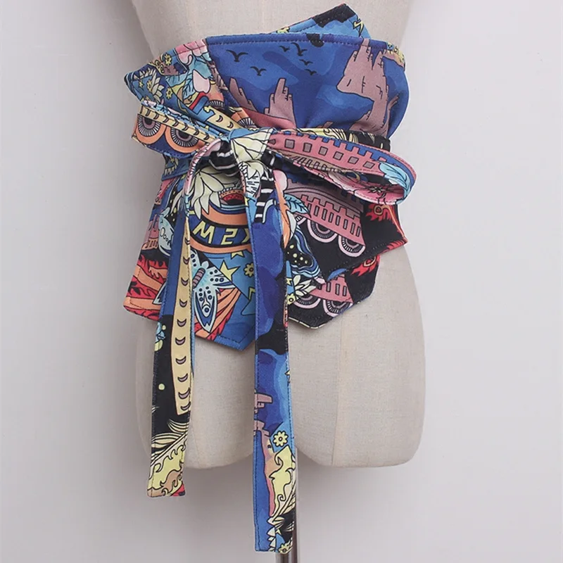 

Chinese Style Abstract Painted Prints Women Wide Waist Girdle Fashion Suit Material Dress Waist Belt Kimono Obi