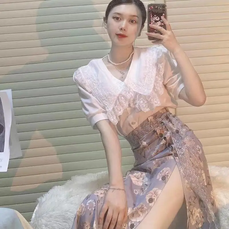 Женский костюм-двойка с кружевным воротником свободная блузка коротким рукавом