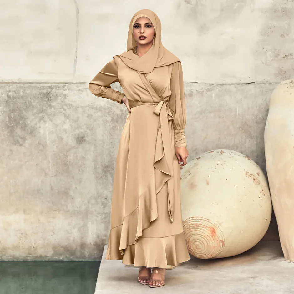 Elegant Ruffle Muslim Dress Women Dubai Arab Lace-up Abaya Dubai Arabic Turkey Moroccon Kaftan Islamic Clothing India Gown Robe