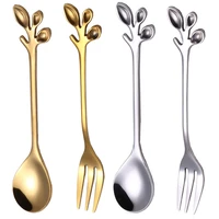 metal leaf shape coffee spoon fork luxury cute coffee stirring spoon stainless steel seasoning dessert fork fruit fork teaspoon