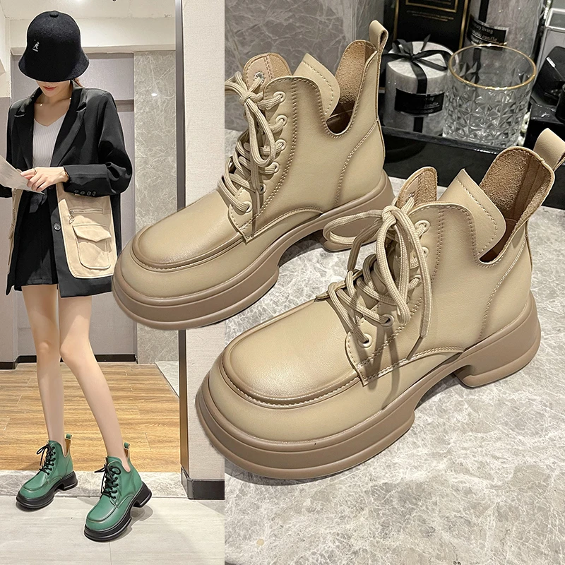 

Retro Martin boots women's autumn and winter new thick-soled increase mid-tube short boots British windmill boots yellow green