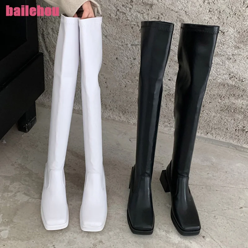 

Однотонные Сапоги выше колена для женщин 2023 зимние рабочие женские высокие сапоги стрейч женская обувь модные туфли-лодочки на квадратном ...