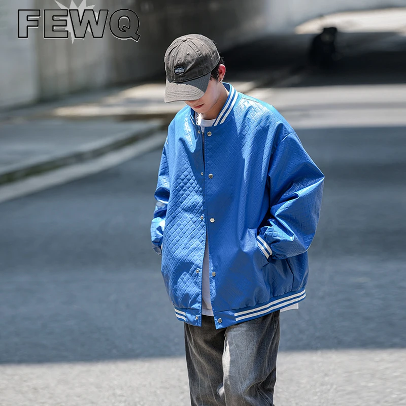 

FEWQ Male Baseball Suit PU Leather Jackets Men's Coats Trend Single Breasted O-neck Diamond Plaid Outwear 2022 Auutmn New 24B405