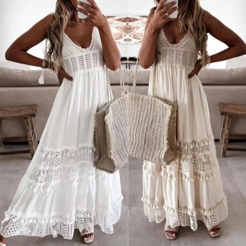 

Beach Dress Hollow Out Lace Summer V Neck Long Dress for Party