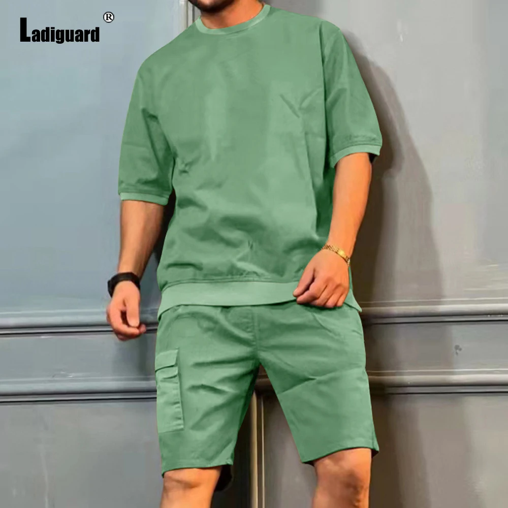 Ladiguard Plus Size Men Fashion Tracksuit Sets Round Neck Basic Top Cargo Shorts 2022 Summer New Patchwork Two Pieces Outfits