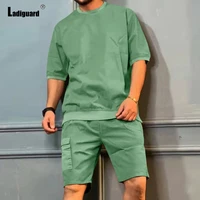 ladiguard plus size men fashion tracksuit sets round neck basic top cargo shorts 2022 summer new patchwork two pieces outfits