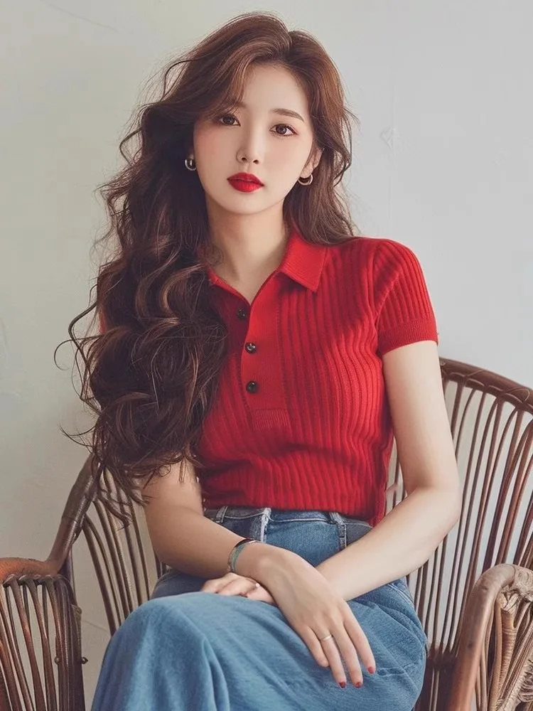 Red Polo Collar Ice Silk Short sleeve knit Women Design Sense Unique Chic Slim fit Early Autumn Chi Top