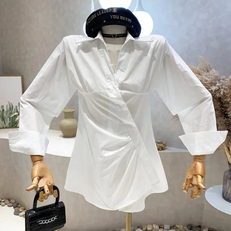 

New Women's Clothing 2022 Summer autumn Long sleeve solid color Irregular design V-neck temperament Pleated mini shirt dress