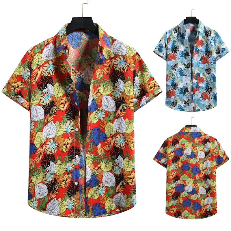 

Новинка лета 2022, мужская пляжная рубашка с цветочным принтом, модная рубашка в европейском и американском гавайском стиле с коротким рукаво...