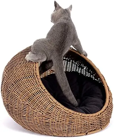 

Cat Bed Dome for Medium Indoor Cats - a Covered Cat Hideaway Hut of Faux Rattan Houses Pets in Dome Basket, Washable Litter mat