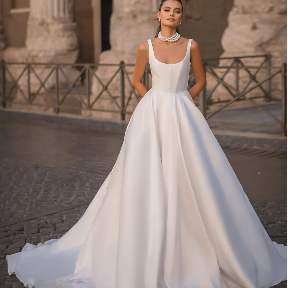 

Elegant Satin Wedding Dresses for Women 2023 Bride Scoop Neck A Line Cheap Bridal Gowns Custom Made Vestidos De Novia