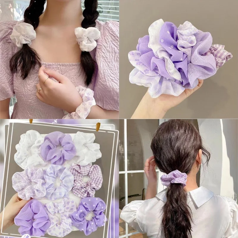 

Woman Purple Color Scrunchies Dot Flower Plaid Pattern Hair Ties Elastic Hair Bands Girls Hair Accessories