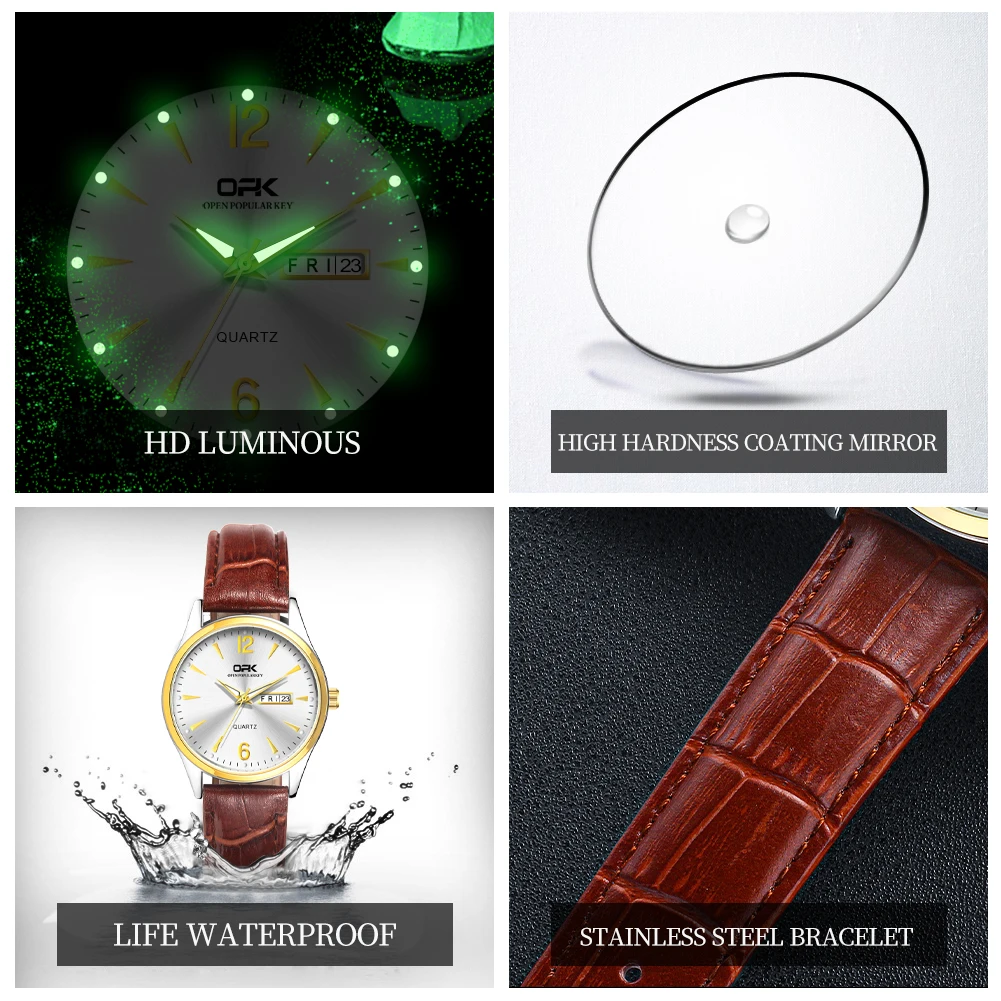 Бренд OPK светящиеся водонепроницаемые кварцевые женские часы с двойным
