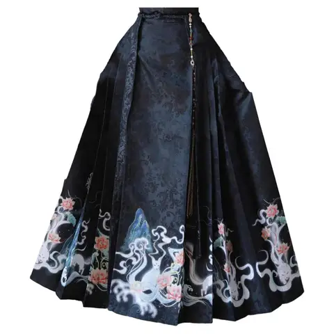 Юбка с рисунком лошади, юбка ханьфу в китайском стиле, плиссированная юбка с большим разрезом и принтом в стиле ретро, китайское платье для танцев и представлений династии мамианкун