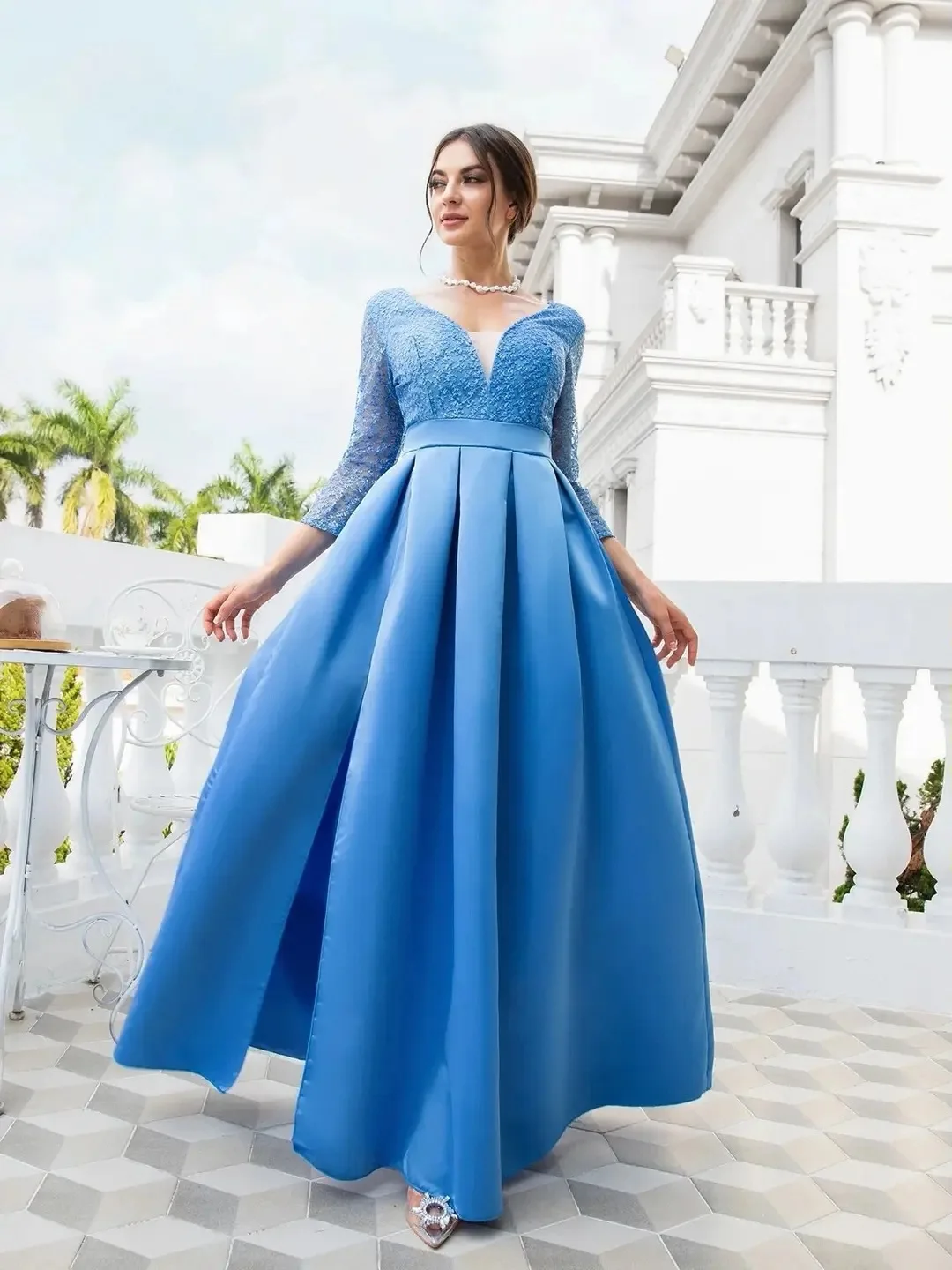 PLEINDI Luxurious Evening Dresses V-Neck Three Quarter A-LINE Floor-Length Chiffon 2022 New of Lace Ruched Prom Women Dress