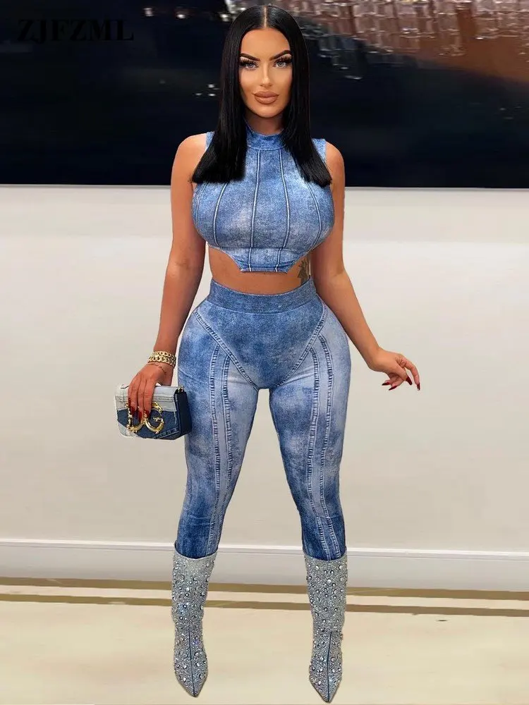 

Уличная одежда Y2k, комплект из двух предметов, короткий топ без рукавов с имитацией джинсовой ткани и облегающие леггинсы свободного кроя, Женская Клубная одежда