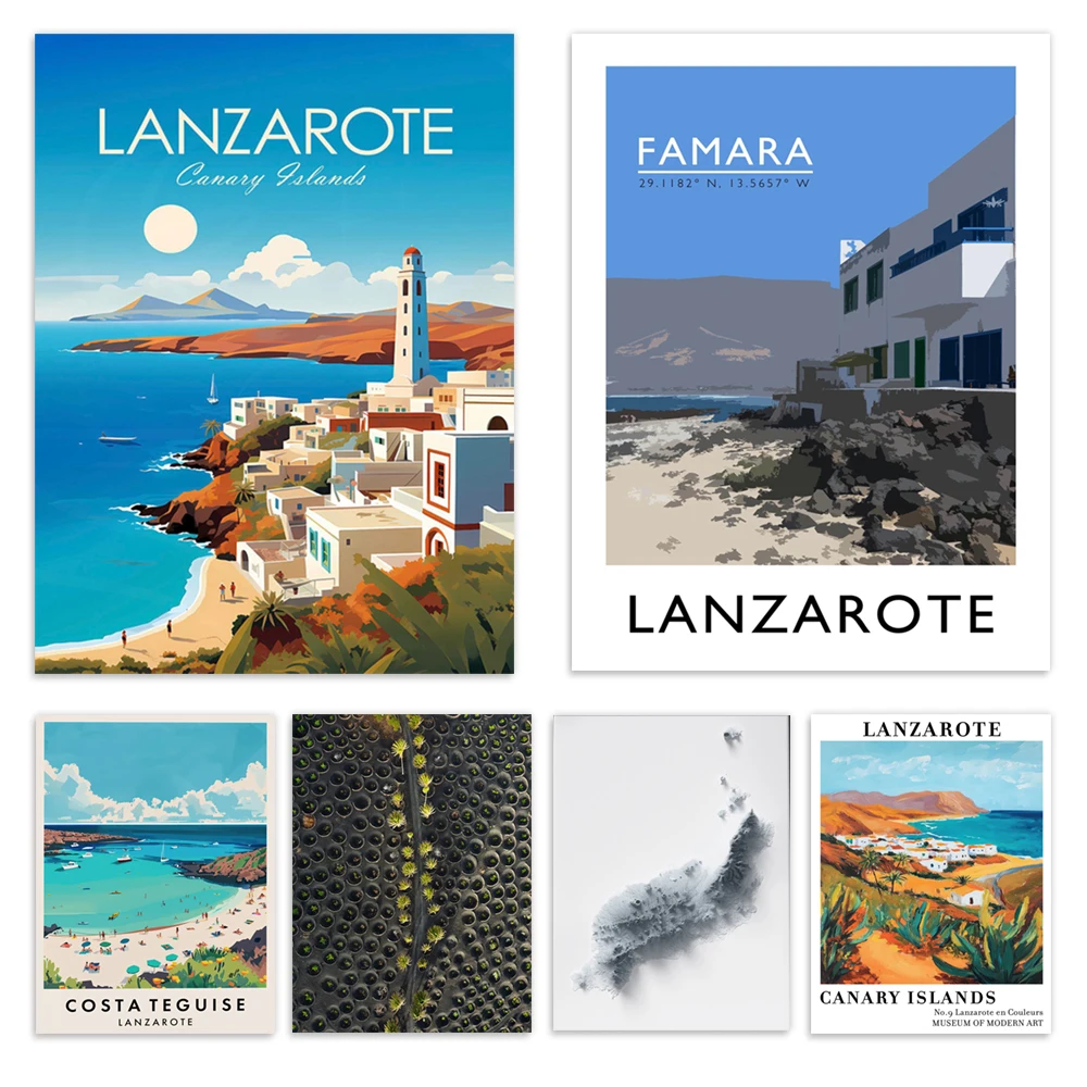 Фото Lanzarote, Испания, виноградники Timanfaya, пляж Famara, Канарские острова, Costa Teguise, принт туристического плаката карты Lanzarote №1