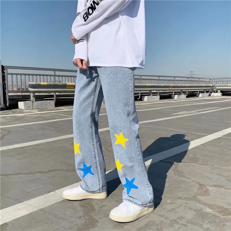 2022 New Fashion Star Print Straight Baggy Men Jeans Trousers Y2K Hip Hop Loose Korean Casual Denim Pants Luxury Pantalon Homme
