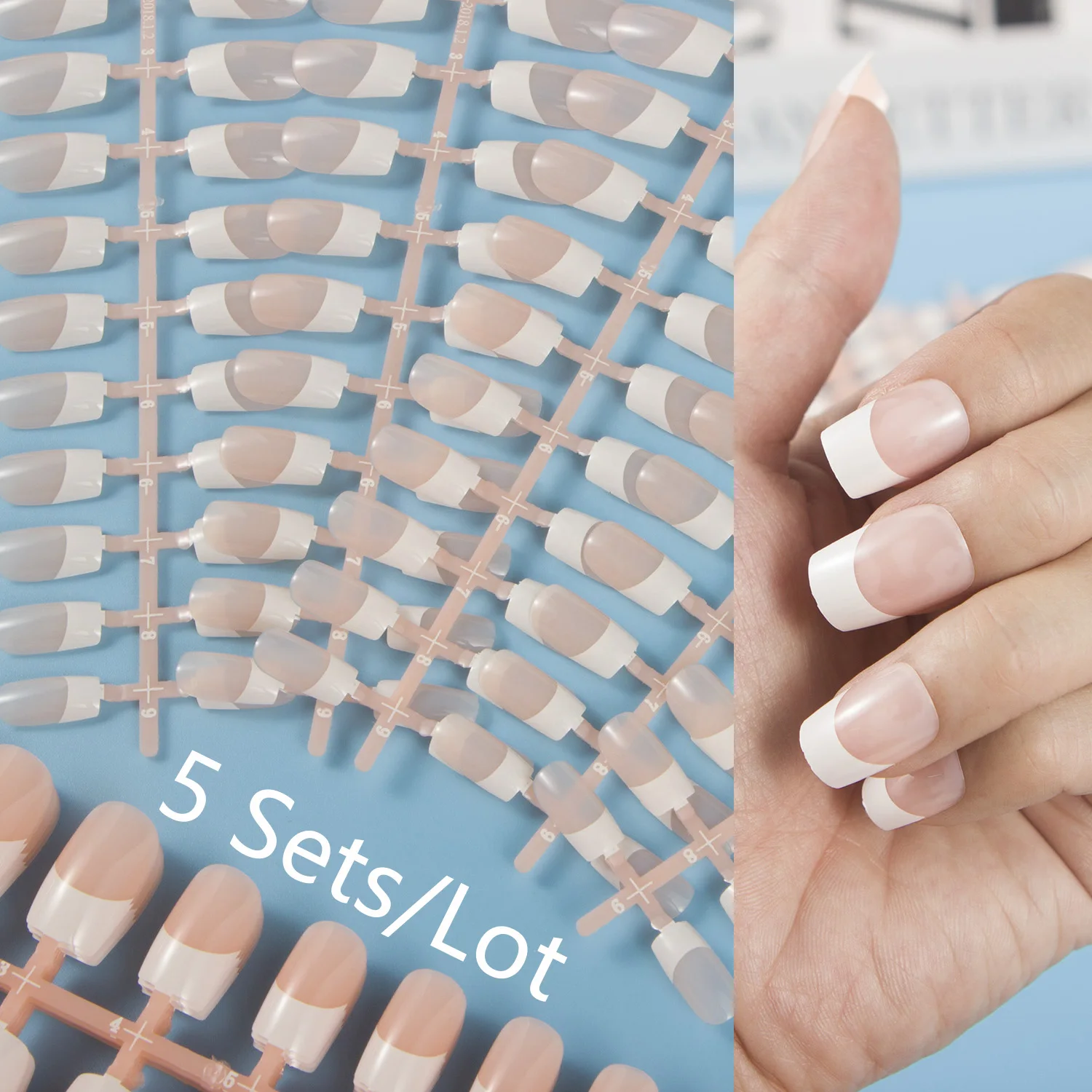 

Durable Nail Tips 5 Sets/Lot UV Coat French Style Square False Nail Tips for Press on Square Nail DIY Middle Length Full Cover
