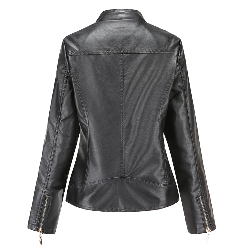 CCI New Vintage PU Leather Zip Up  Jacket For Women's  Motorcycle Streetwear O-Neck Outerwear Clothing Black Khaki YJ009C