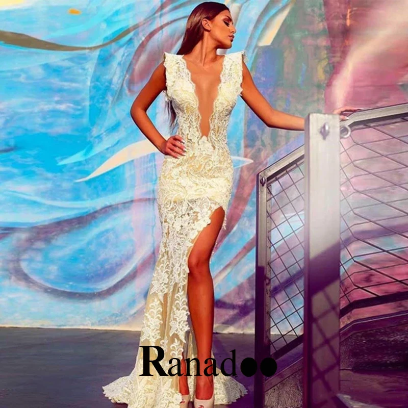

Sexy Mermaid Detachable Train Side Split Evening Dresses Lace Appliques V Neck Court Train Abendkleider Personalised