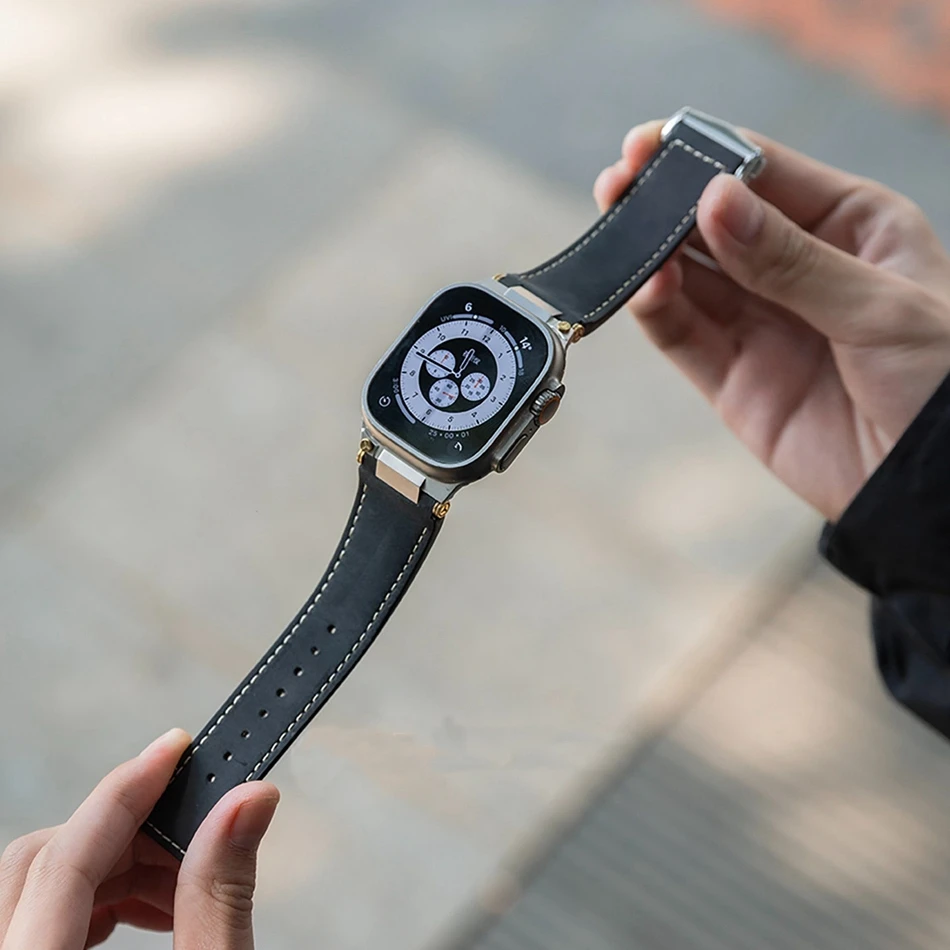Фото Мужской кожаный ремешок для Apple Watch 11, 10, 9, 8, 6, 7, 3, SE с раскладывающейся застежкой, для серий Iwatch 42, 44, 45, 46, 49 мм, роскошные сменные ремешки №3