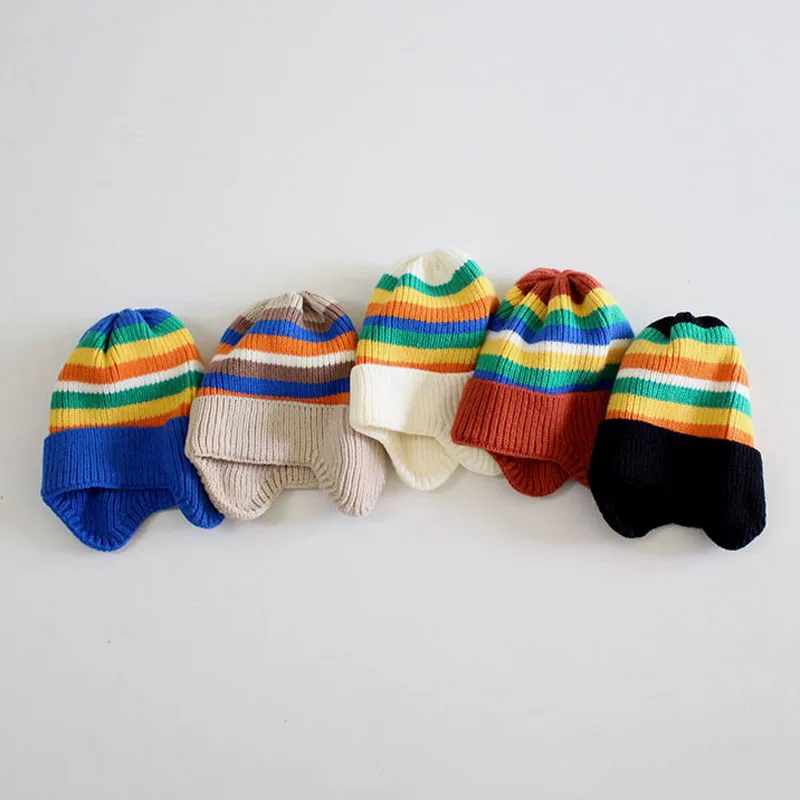 

Вязаная шапка в радужную полоску, Детская шерстяная шапка, осенне-зимняя теплая шапка в Корейском стиле для маленьких девочек и мальчиков, Д...