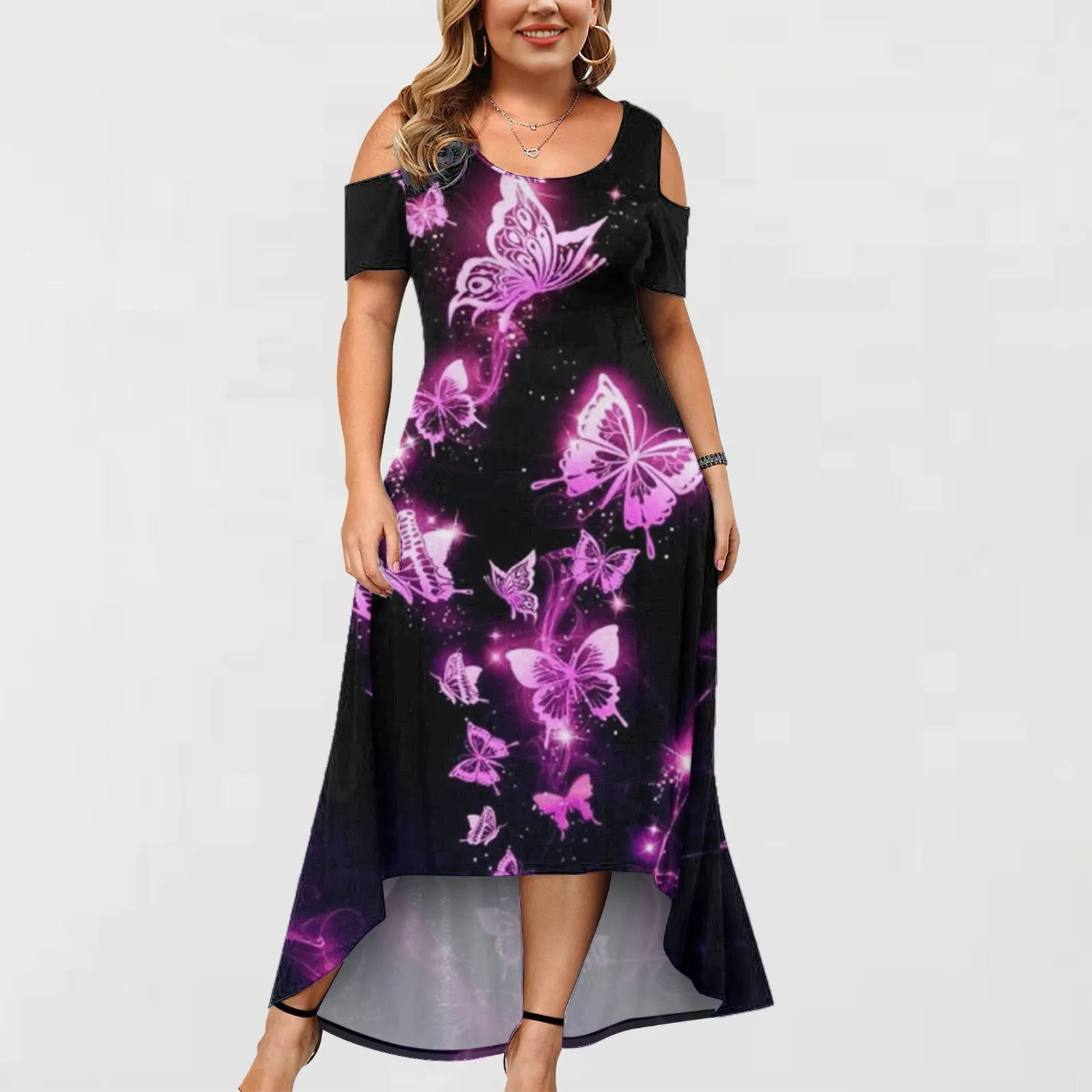 

off Shoulder Hi Lo Dress Womens Large Size Dress Crew Neck Off Shoulder Short Sleeve Printed Casual Skirt Dress Smock Dresses