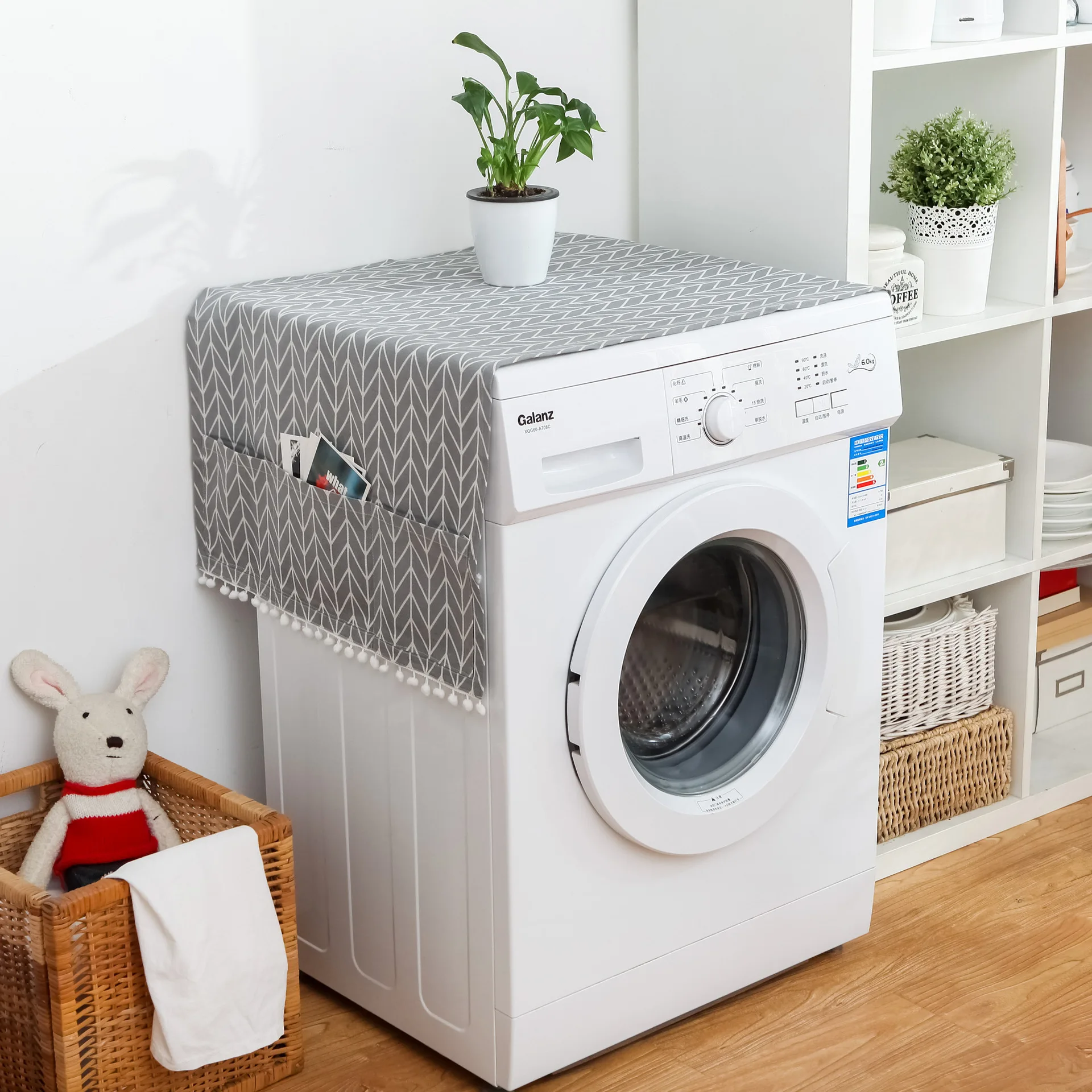 

1pc Geometric Pattern Washing Machine Cover Linen Dust Proof Cloth Microwave Oven Refrigerator Protector Case Storage Pocket
