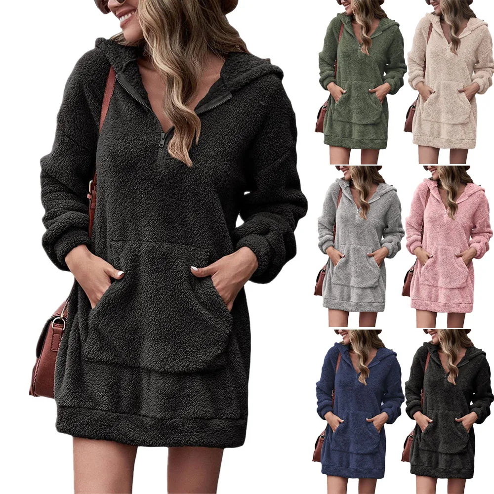 

2022 New Fall/winter Women's Double-sided Cashmere Hooded Loose Zipper Plush Pocket Hoodie Jacket