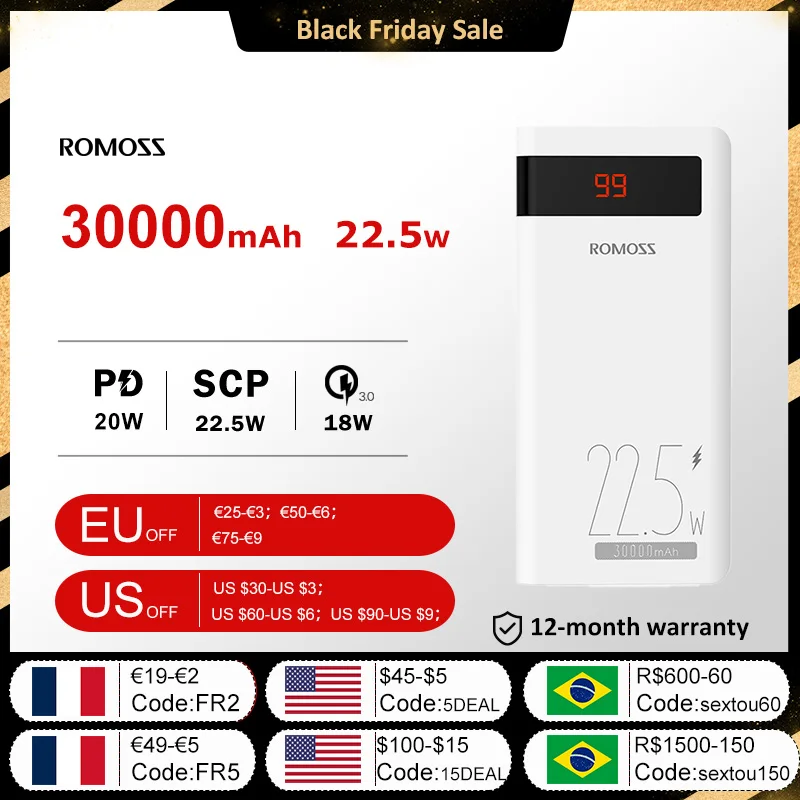  ROMOSS 30000 mAh Power Bank PD 20W быстрая зарядка 22.5W внешний аккумулятор портативное зарядное устройство 30000mAh Powerbank для Xiaomi iPhone