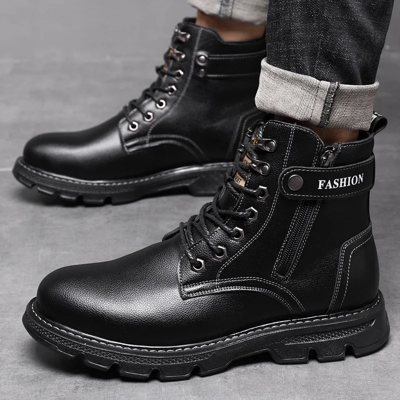 

Men's Leather Casual Boots New Autumn 2023 Cotton Shoes British Style Leather Thick-soled Black High-top Workwear Men's Boots