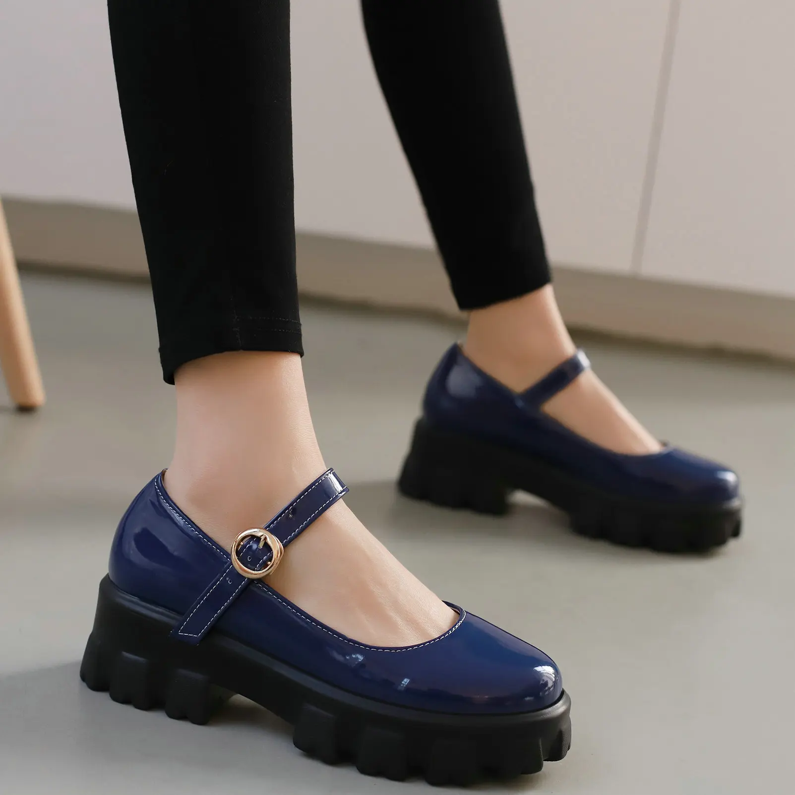 Eokkar Patent Leather Mary Janes Women School Uniform Shoes Block Heel Platform Goth Cosplay Shoes Buckle Pumps