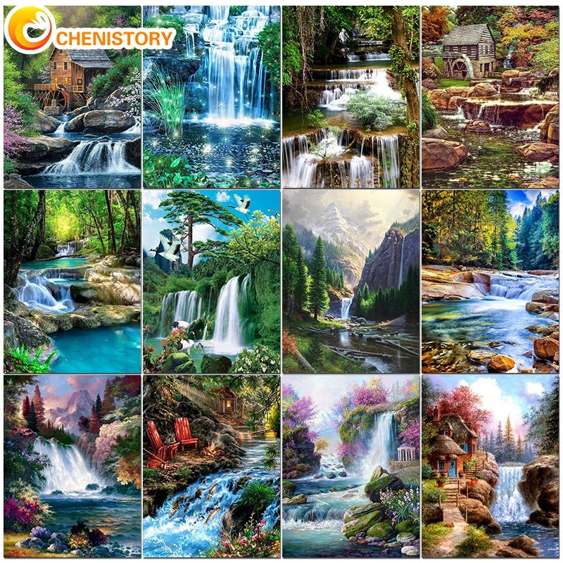 CHENISTORY 60x75cm Diy Painting By Numbers Mountain Waterfall Landscape Painting Acrylic Paint On Canvas For Home Wall Art Decor