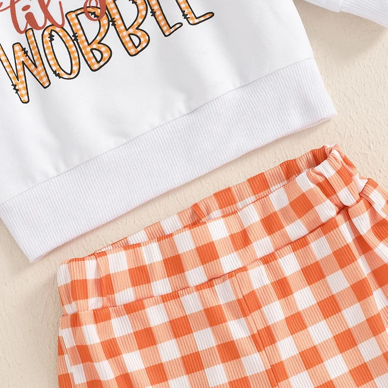 dekolt bluzy z długim rękawem i spodnie w kratę комплект из 2 предметов одежда для маленьких девочек