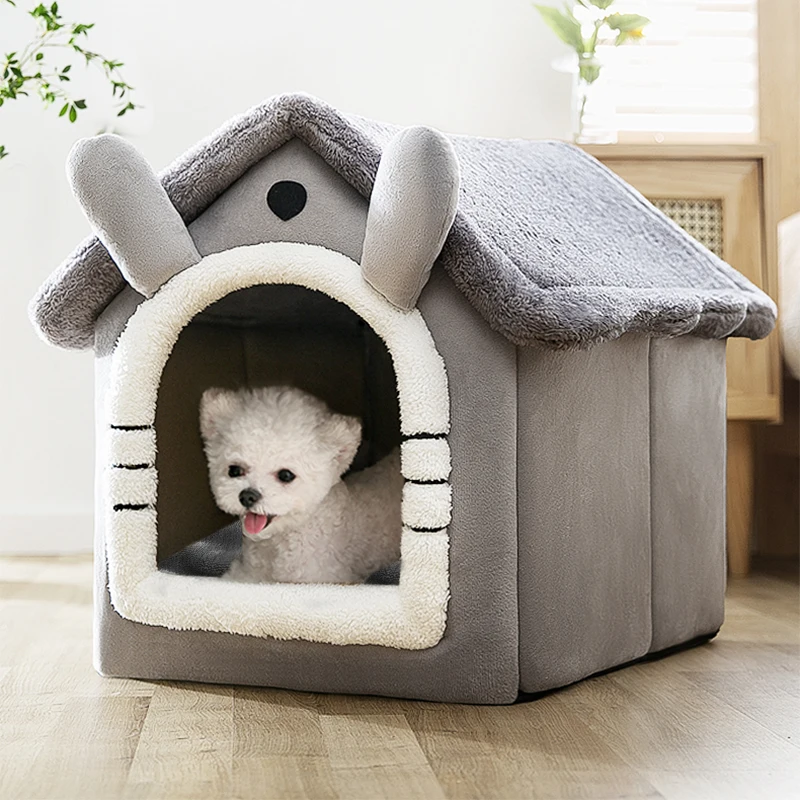 

Dog Bed Warm House Grey Kennel Cat Tent Sleeping Cave Bed Self-Warming Cushion 2 In 1 Foldable Nest for Indoor Cats Kitten Puppy